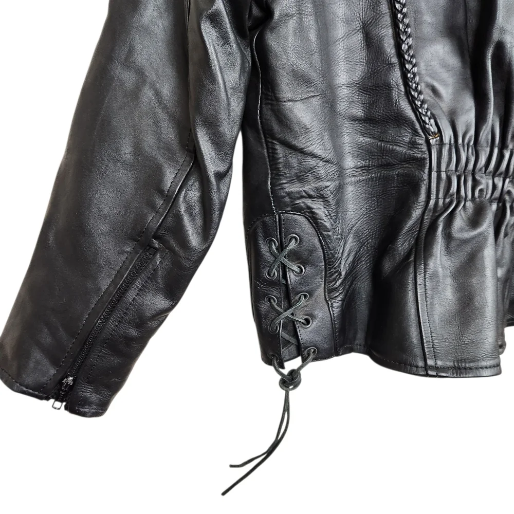Antelope Creek Vintage Black Leather Moto Riding Jacket Braided HD Womens Size M